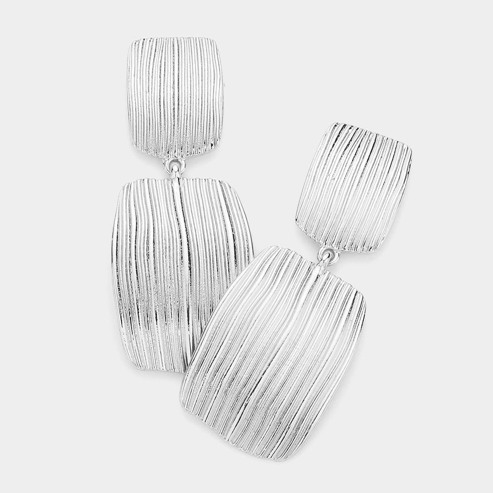 Silver Textured Metal Rectangle Dangle Earrings