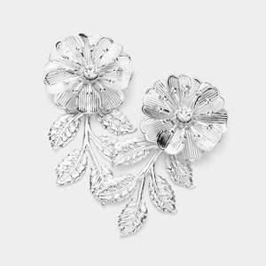 Silver Stone Pointed Metal Flower Leaf Earrings